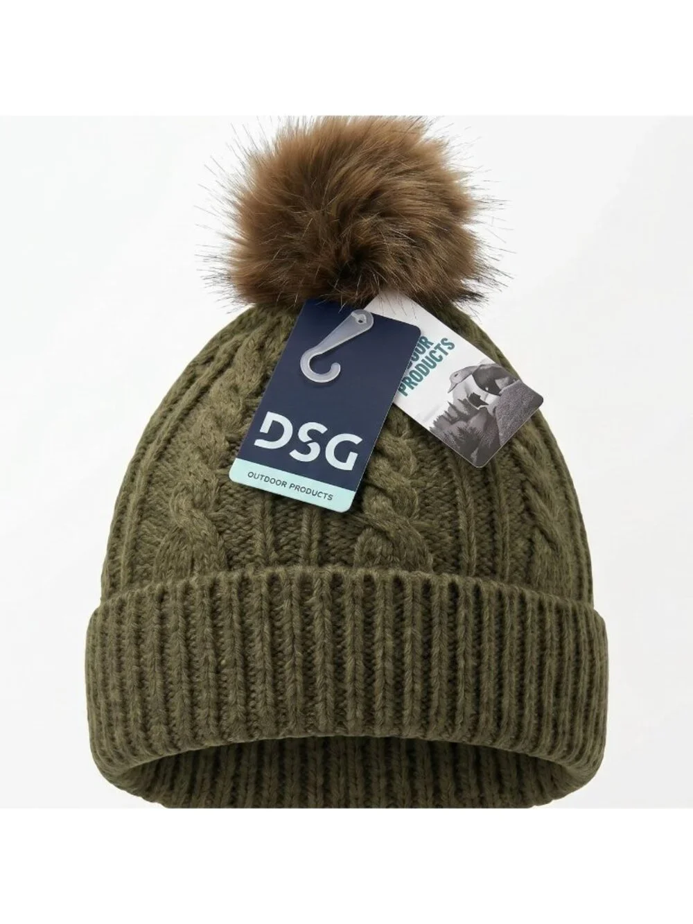 NWT DSG Girls Olive Green Cable Knit Pom Beanie Cozy Winter Hat One Size Youths